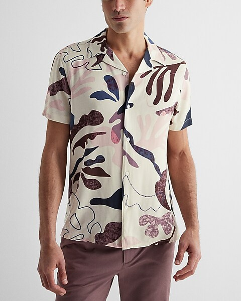 Abstract Print Rayon Short Sleeve Shirt | Express
