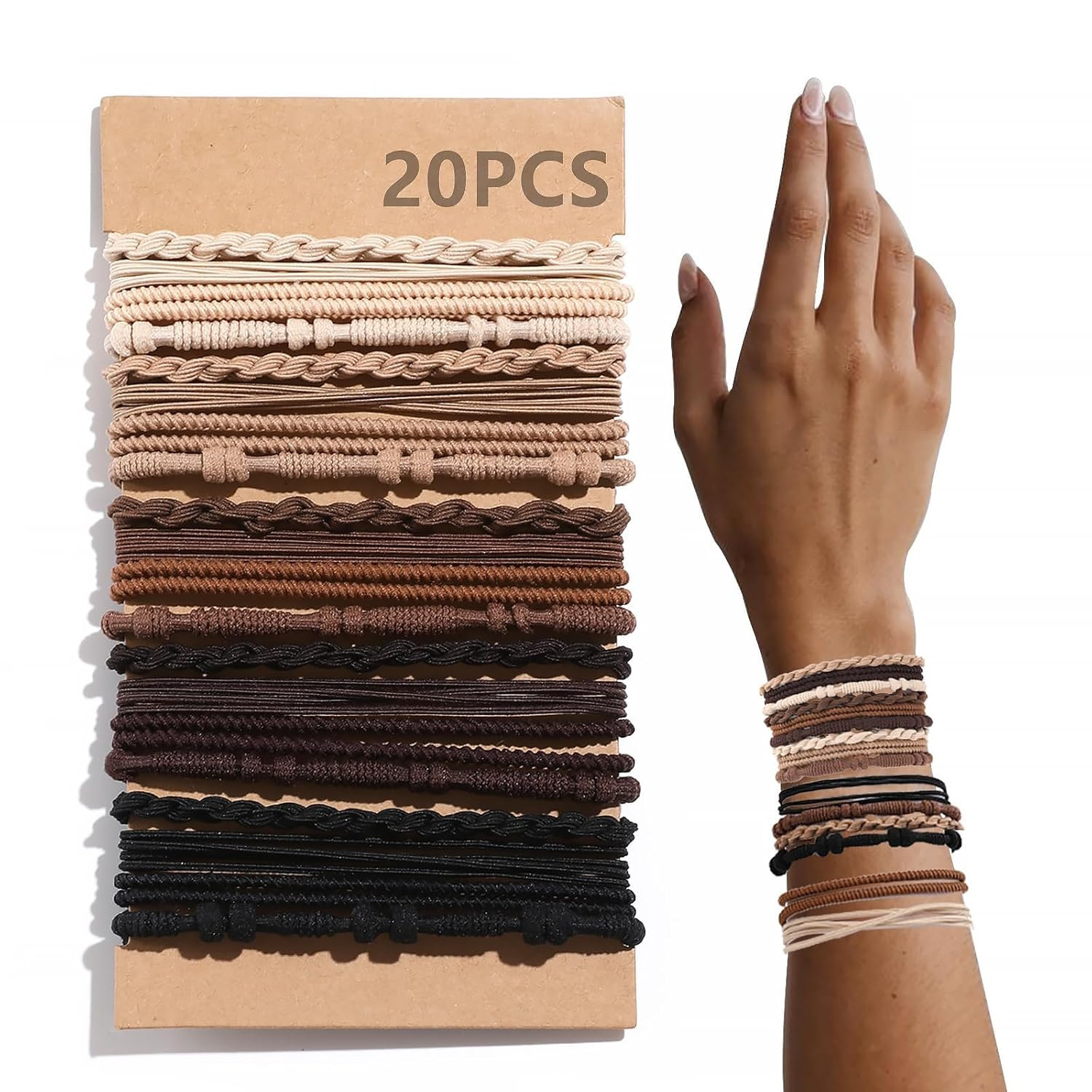 20 PCS Boho Hair Ties, Brown Bracelets Hair Ties for Thick or Thin Hair, 4 Styles Boho Ties for P... | Amazon (US)