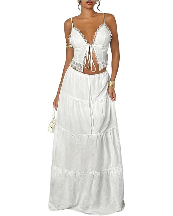 Floerns Women's 2 Piece Outfit Lace Trim Tie Front Camisole Top Tiered Maxi Skirts Set | Amazon (US)