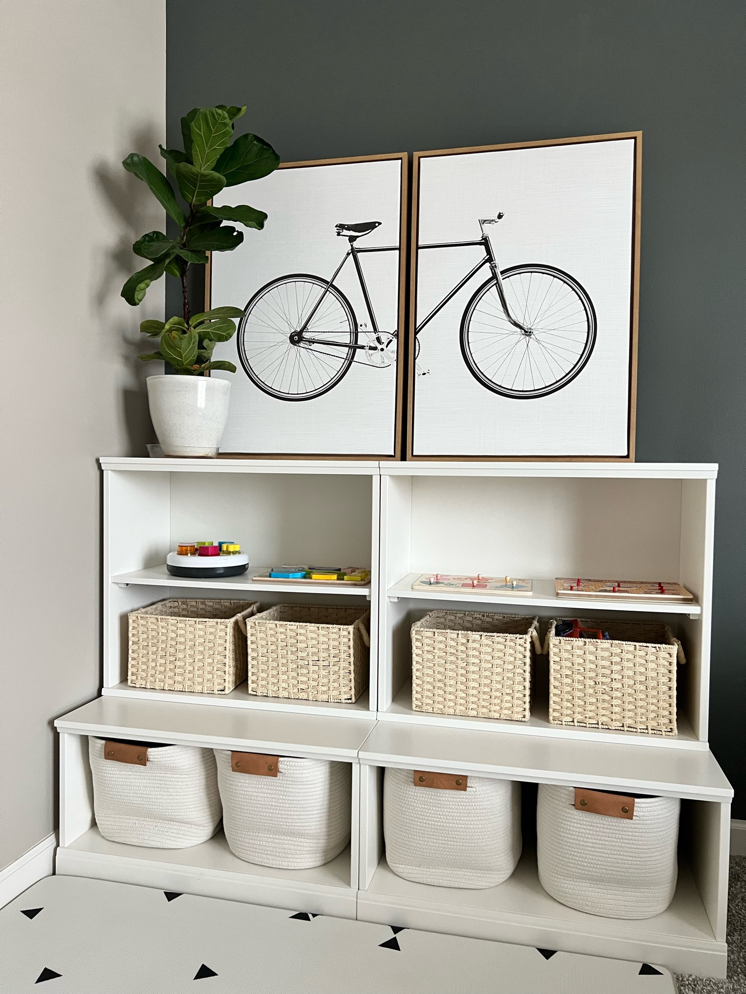 Playroom organization, playroom storage, neutral playroom, storage system 