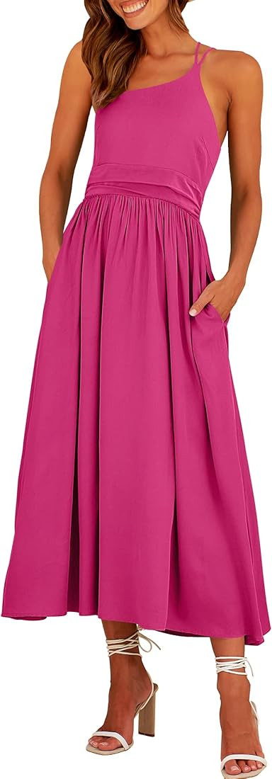 ANRABESS Women's Summer Straps Sundress One Shoulder Sleeveless Pleated High Waist A-Line Flowy M... | Amazon (US)