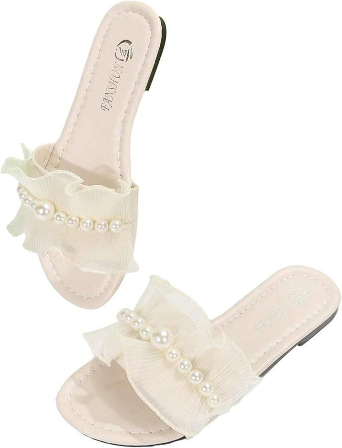 GORGLITTER Women's Faux Pearls Decor Flat Sandals Open Toe Leather Slide Sandal | Amazon (US)