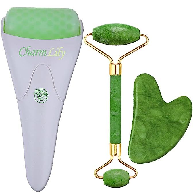 Amazon.com: Jade & Ice Roller + Gua Sha Massager Tool Set for Face & Eyes by Charmlily, Puffiness... | Amazon (US)