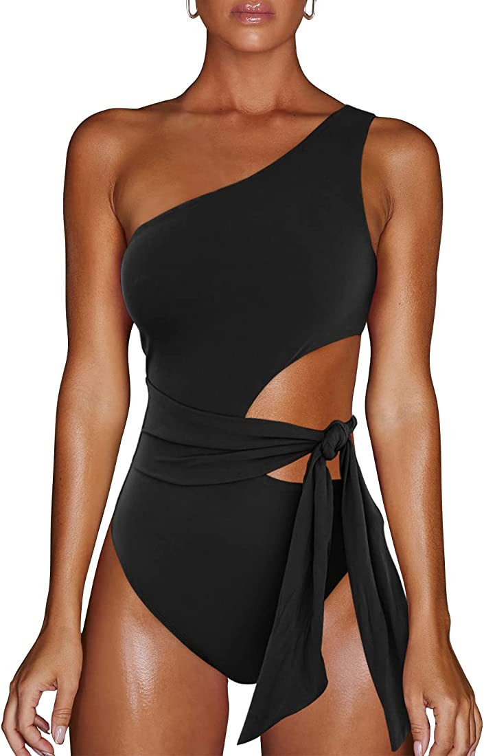 LILLUSORY Women One Piece Swimsuits Sexy One Shoulder Monokinis Tummy Control Tie Sid... | Amazon (US)
