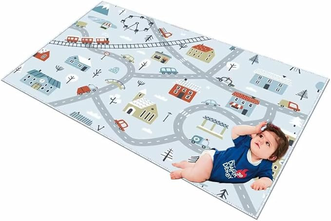 Kids Car Rug 2'7" x 3'11", Play Mat with Roads and Railways, Hand Drawn Cartoon City/Town Carpet ... | Amazon (US)