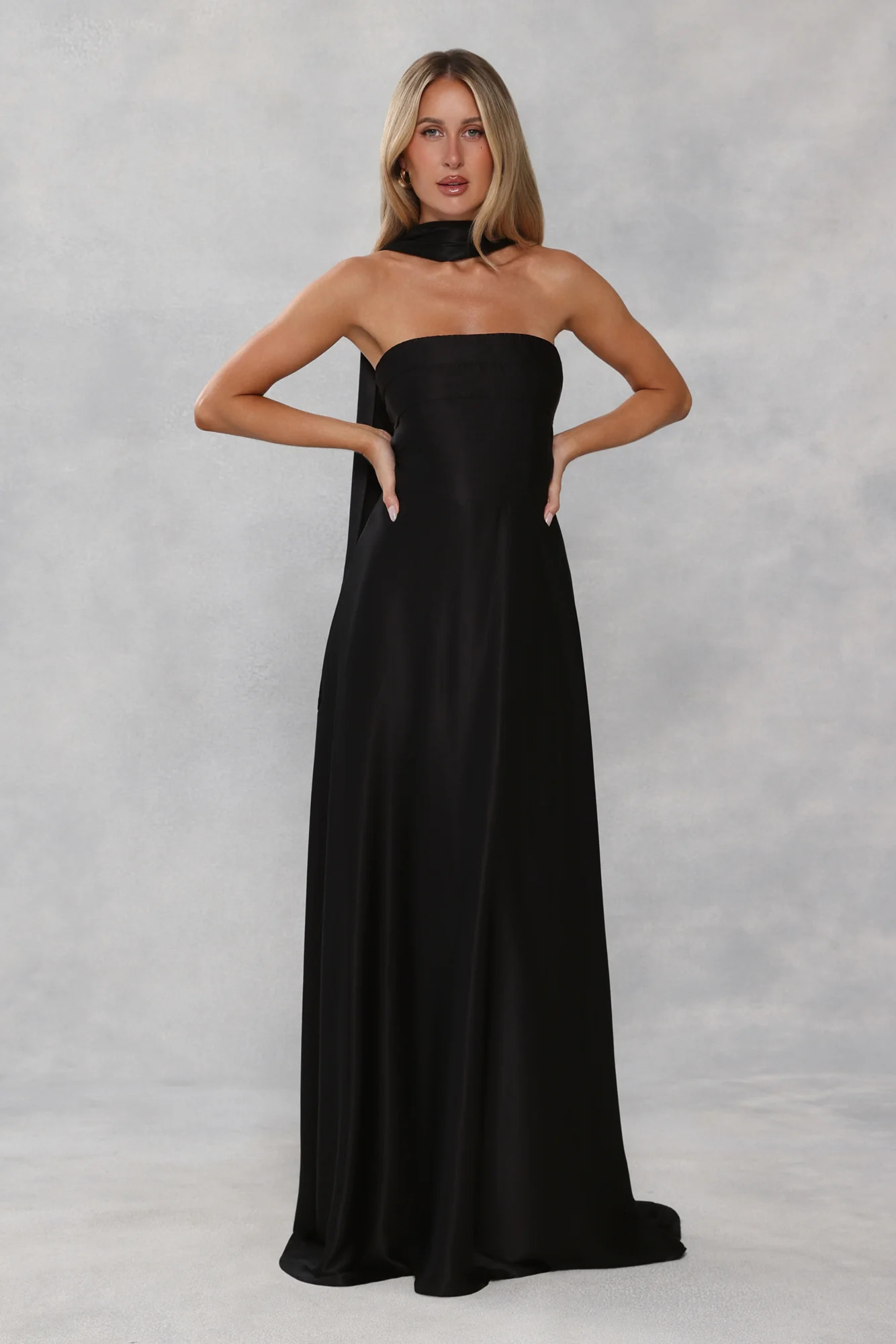 The Serina Strapless Satin Maxi Dress Black | Hello Molly (US)