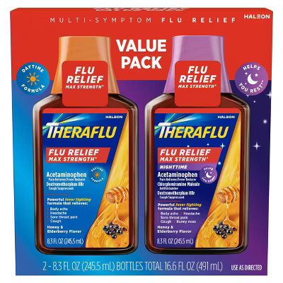Theraflu Multi-Symptom Flu Relief Max Strength Day & Night Liquid - Honey Elderberry - 16.6 fl oz | Target