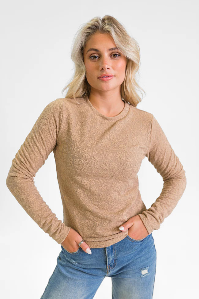 High Ambitions Brown Floral Textured Knit Fitted Top | Pink Lily