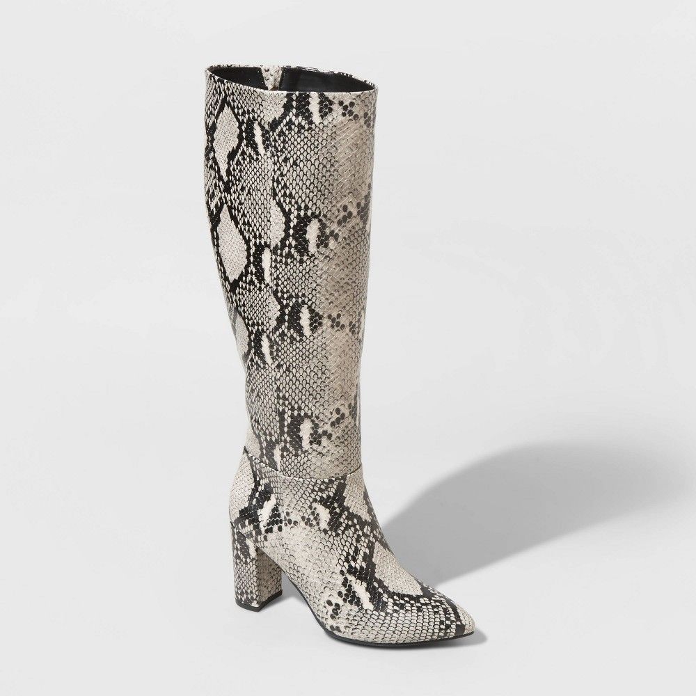 Women's Birgitte Snake Print Heeled Tall Fashion Boots - A New Day White 9 | Target