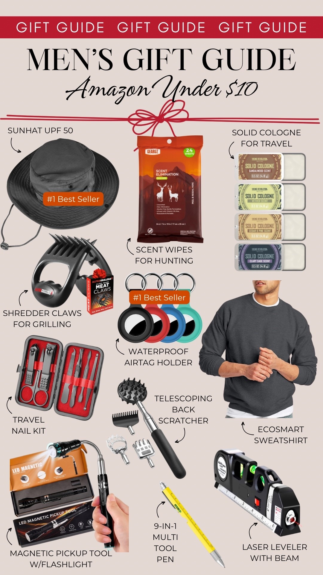 Men’s gift guide, all under $10 and from Amazon! Picks include a sun hat with UPF 50, scent wipes for hunting, solid cologne for travel, shredder claws for grilling, waterproof AirTag holders, an eco smart sweatshirt, a travel nail kit, telescoping back scratcher, a pickup tool with a flashlight, a 9-in-1 multitool, and a laser leveler with beam.

Gifts for him, men’s gift guide, gifts under 10, gifts under 25

#LTKMens #LTKGiftGuide #LTKHoliday