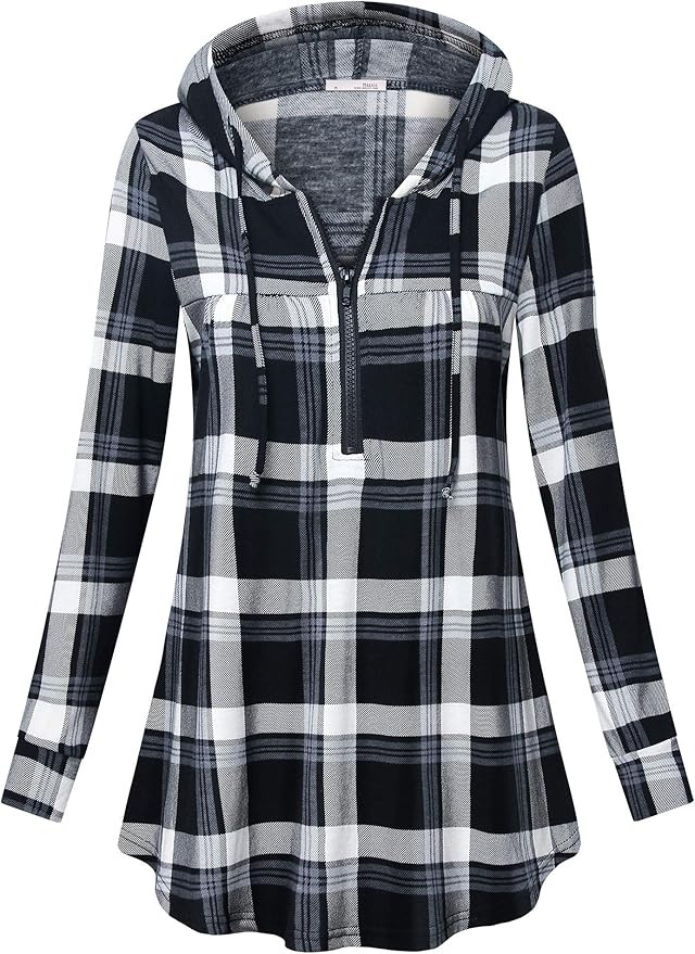 Messic Women's Zip V Neck Casual Lightweight Tunics Long Sleeve Plaid Shirts Tops | Amazon (US)