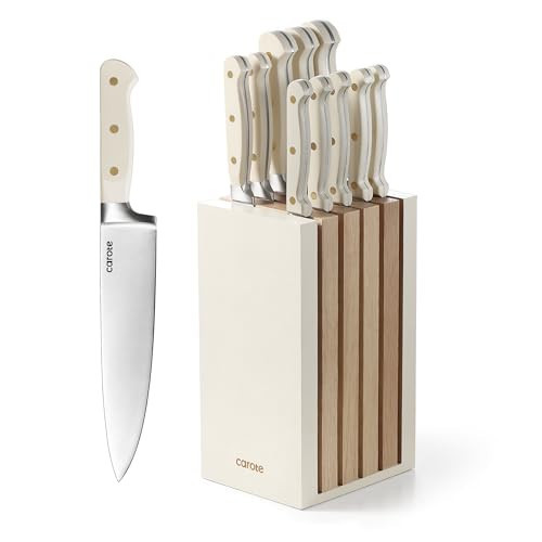 CAROTE 11 Pieces Knife Set with Block for kitchen, Stainless Steel Razor-Sharp Blade, Triple Riveted Ergonomic Handle, Wooden Magnetic Block, Essential Knife Block Set, Beige | Amazon (US)