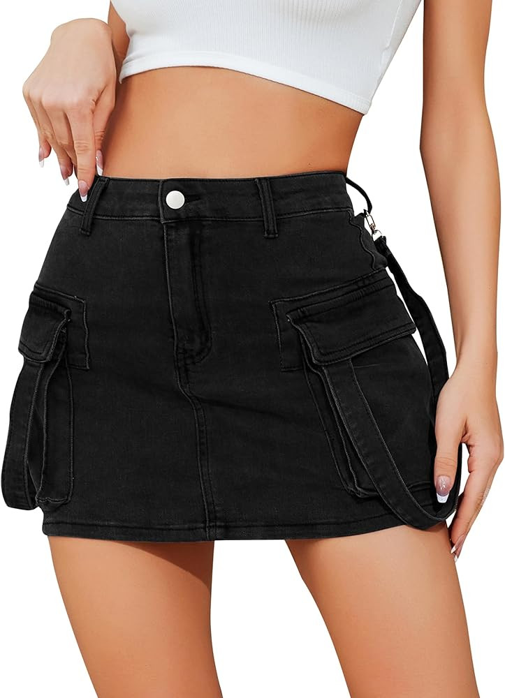 Cargo Skirt Women y2k Button Mini Jeans Skirt Denim Skirt with Pocket Low Waist | Amazon (US)