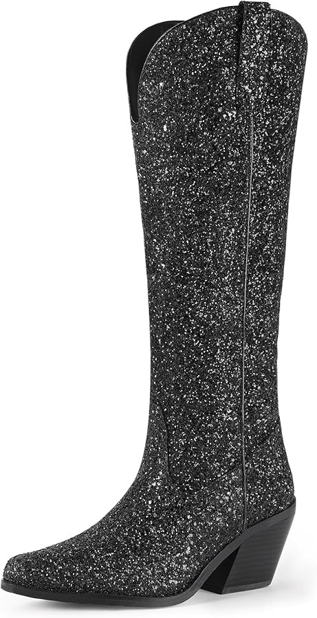 IDIFU IN3 Sparkly Cowboy Cowgirl Boots for Women Knee High Tall Long Glitter Dress Low Chunky Blo... | Amazon (US)