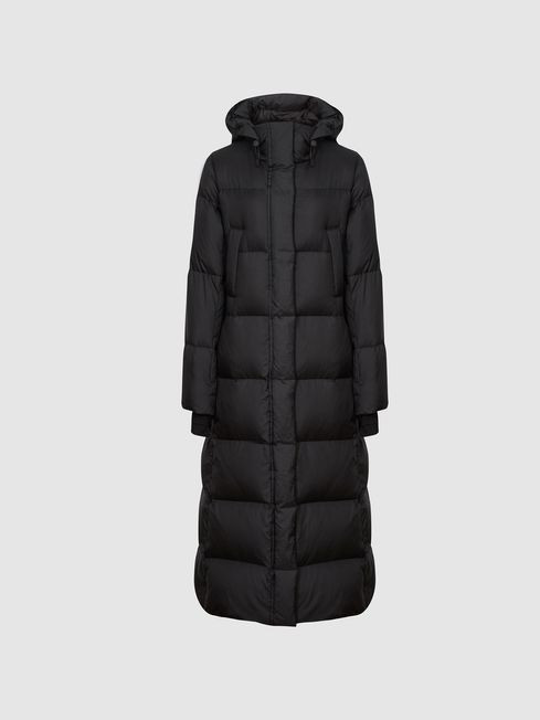 Reiss Black Tilde Longline Hooded Puffer Coat | Reiss (UK)