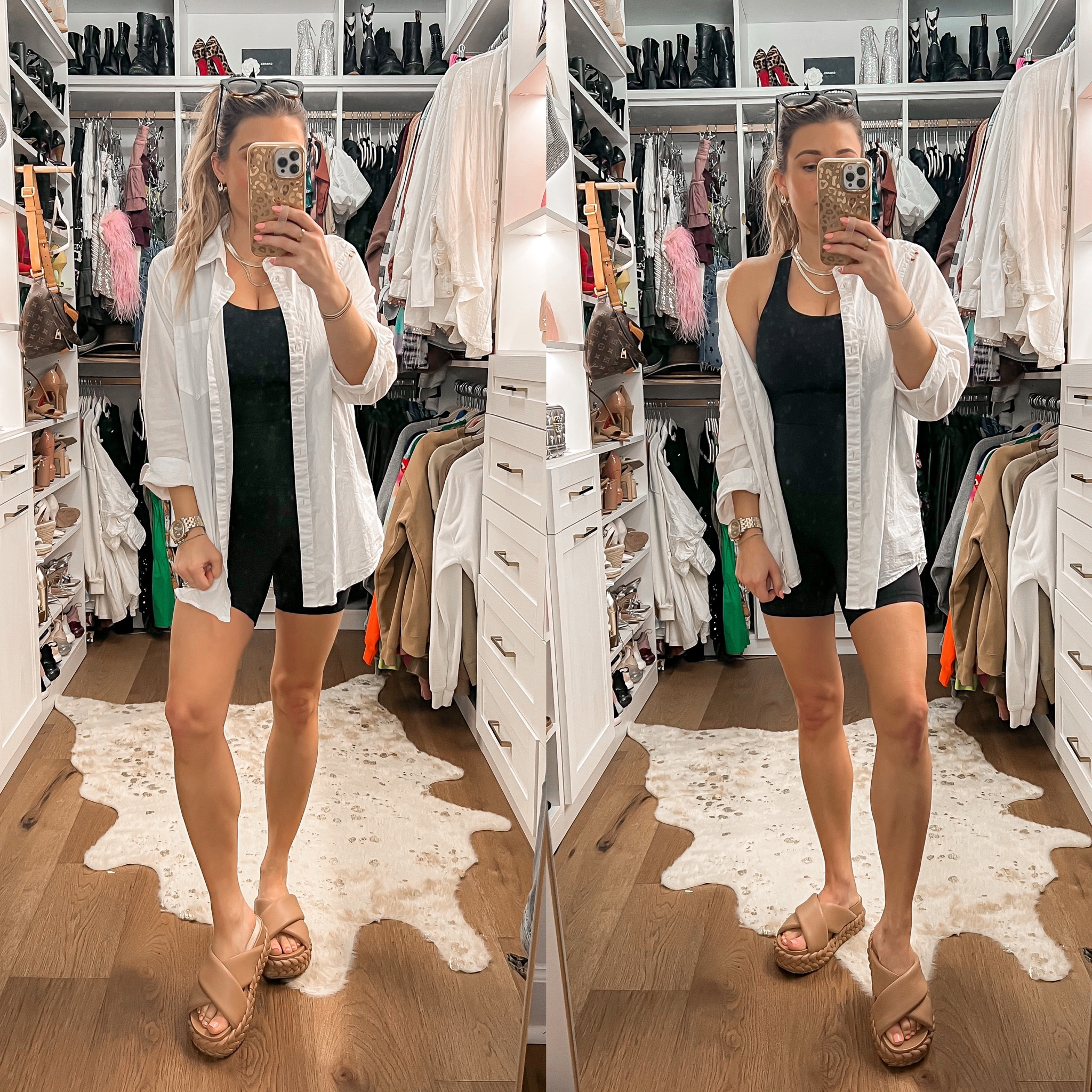 Wearing a large button down, medium bra, 2 bikers (mine are 6 inch), 6 sandals (all run tts; I sized up in the button down for an oversized fit) 

Lip color is j/k magic 

Casual outfit, first trimester outfit
#christianblairvordy 

#LTKunder100 #LTKstyletip #LTKunder50