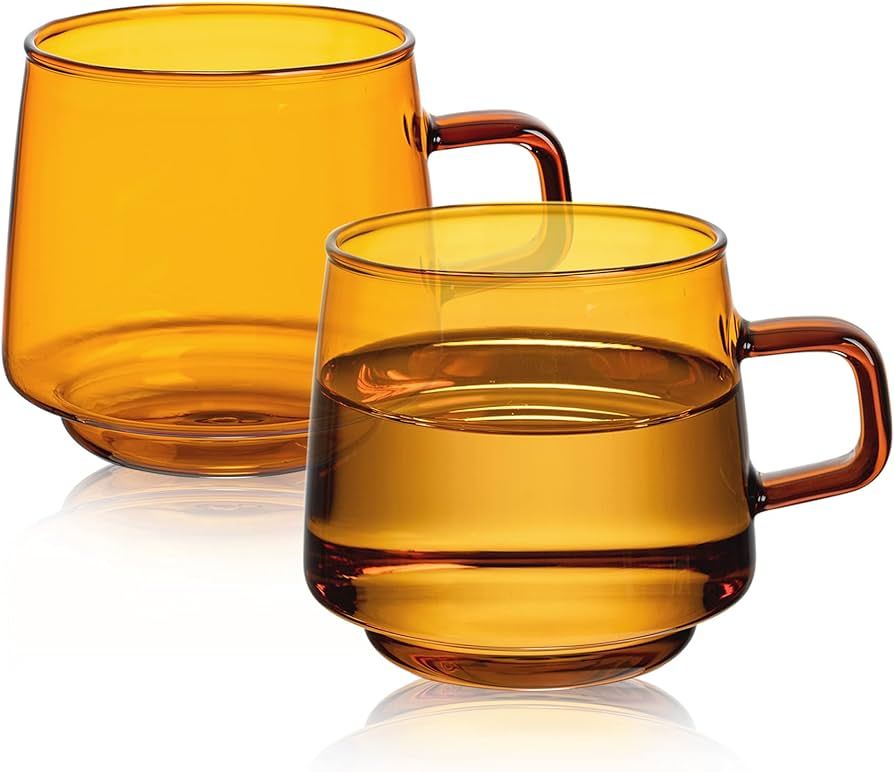 Joeyan Amber Glass Coffee Mugs Set of 2-10 oz Glass Stackable Coffee Cups with Handle - Colored T... | Amazon (US)