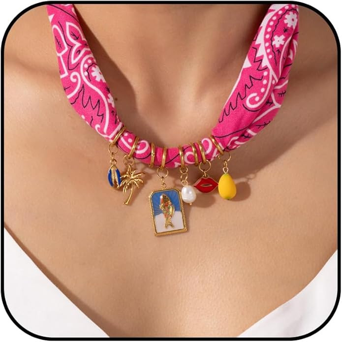 Scarf Necklace with Charm Bandana Necklace Shell Fish Strawberry Beaded Necklaces Beach Jewelry G... | Amazon (US)