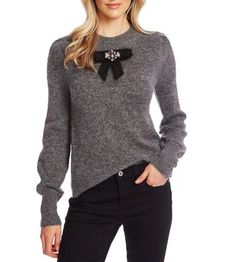 Long Sleeve Jeweled Bow Crew Neck Statement Sweater | Dillard's