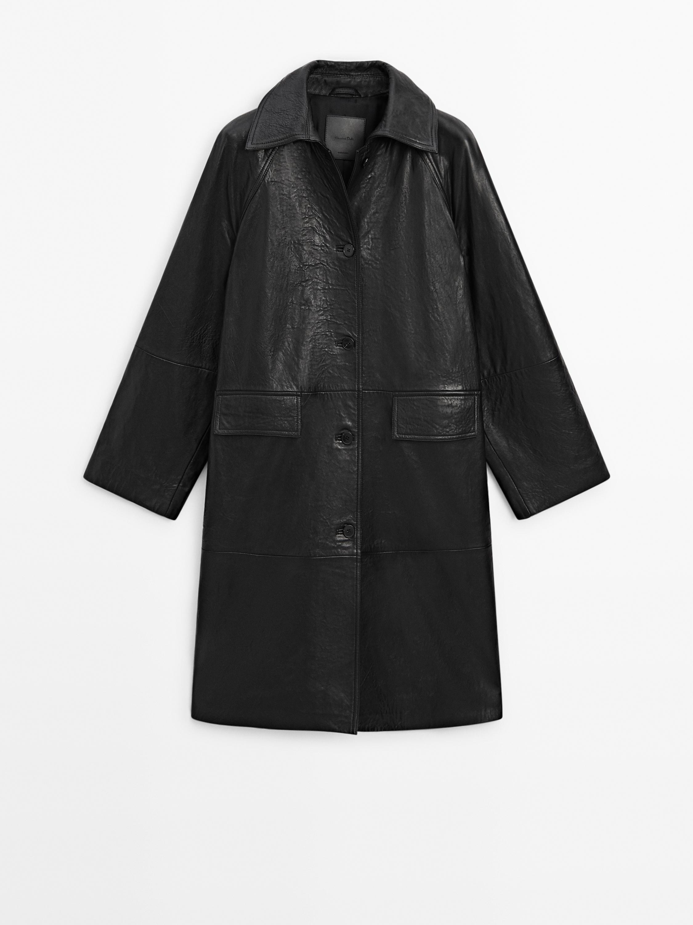 Long textured nappa leather coat with pockets | Massimo Dutti UK