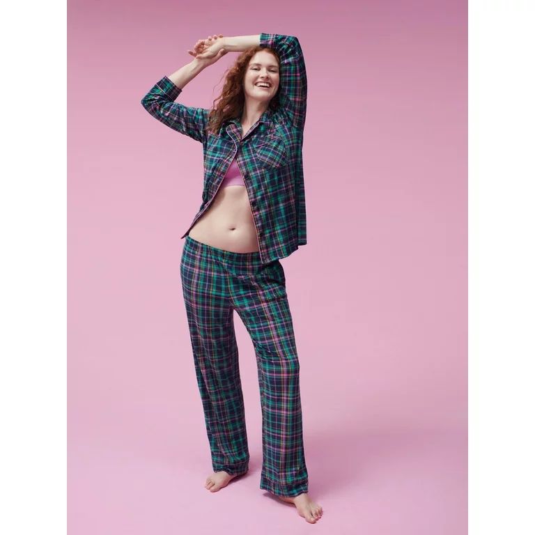 Joyspun Women’s Stretch Velour Notch Collar Top with Pants, 2-Piece Pajama Set, Sizes S to 3X | Walmart (US)