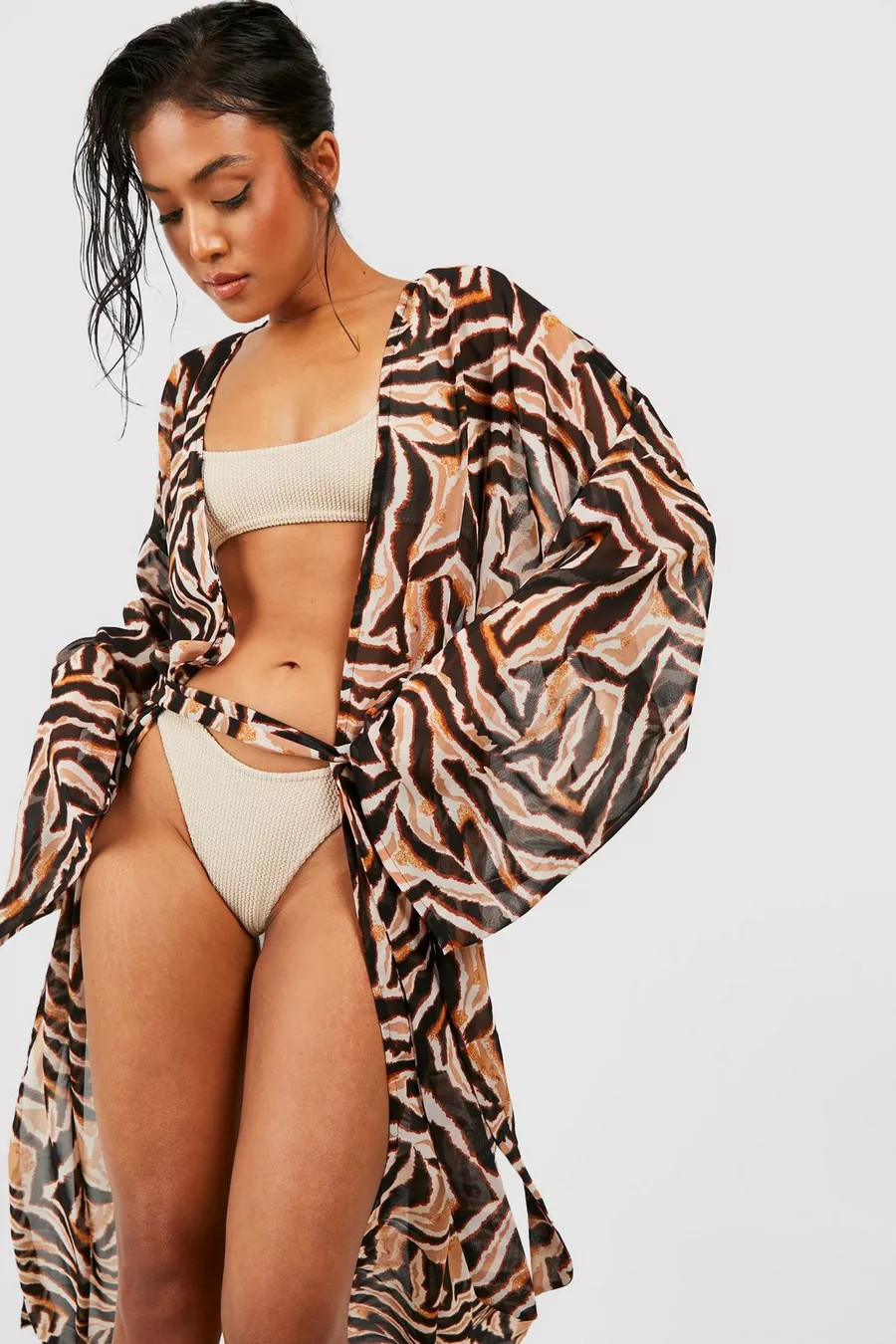 Petite Tiger Chiffon Beach Kimono | boohoo (US & Canada)
