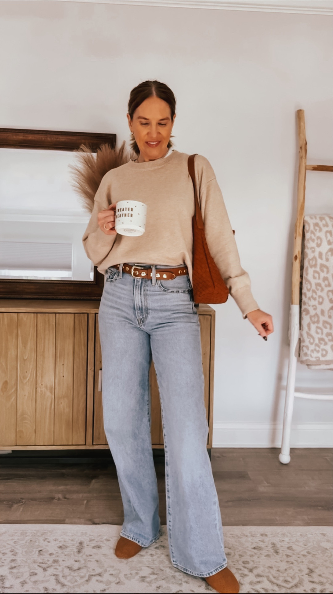 Neutrals FTW🤎🤍🩶 The best everyday effortless sweater! These are my go to wide leg jeans and they’re so flattering in everybody.  Literally the perfect combo for an everyday easy cold weather outfit, errands, lunch out, work from home, coffee runs, or casual mom outfit.

#LTKootd #LTKOver40 #LTKmomlife
