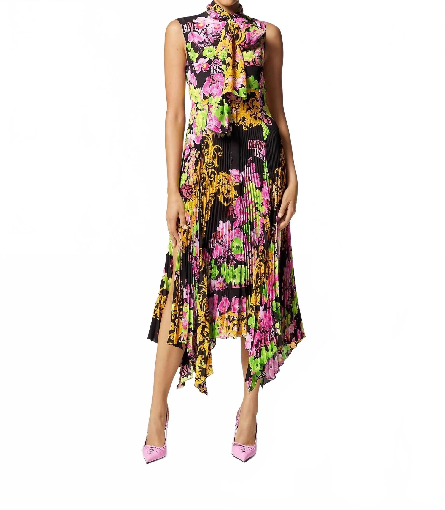 Floral Printed Asymmetric Pleated Dress In Multi | Shop Simon