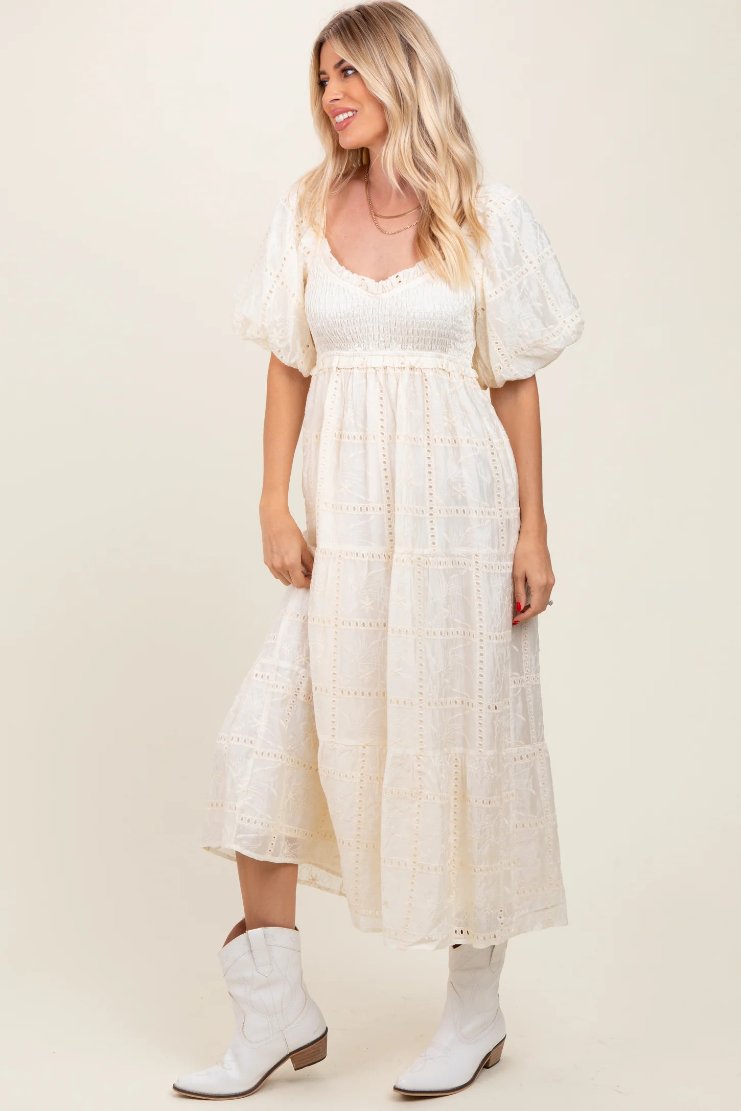 Ivory Smocked Puff Sleeve Maxi Dress | PinkBlush Maternity