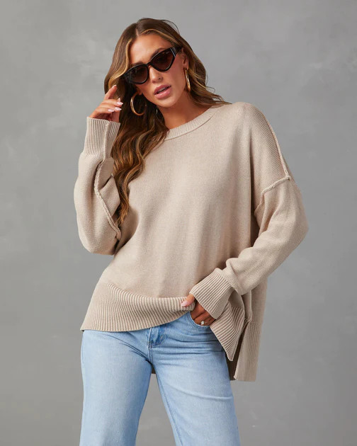 Exposed Oversized Knit Pullover Sweater - Champagne | VICI