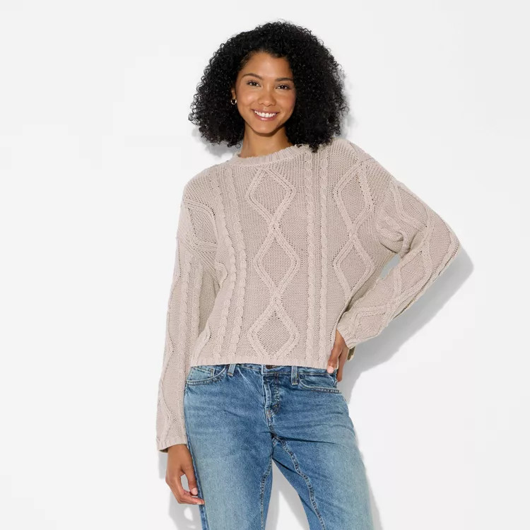 Women's Crewneck Cotton Cable Pullover Sweater - Wild Fable™ Gray M | Target
