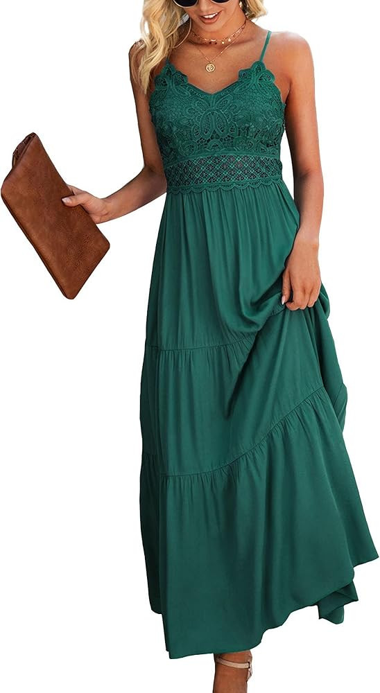 Dokuritu Women's Beach Crochet Lace Maxi Dress Solid Color Summer Spaghetti Strap Long Dress | Amazon (US)