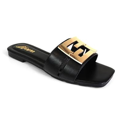 Liliana Women's Square Toe Gold Pendant Detail Slip On Flat Sandal (Black, US Footwear Size System, Adult, Women, Numeric, Medium, 7.5)" | Amazon (US)