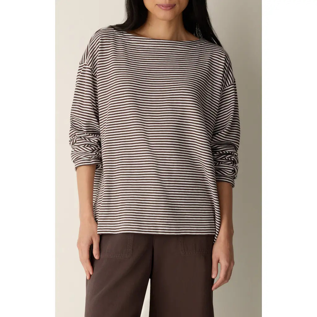 Eileen Fisher Striped Organic Cotton Bateau Neck Boxy Top in Truffle at Nordstrom, Size Large | Nordstrom