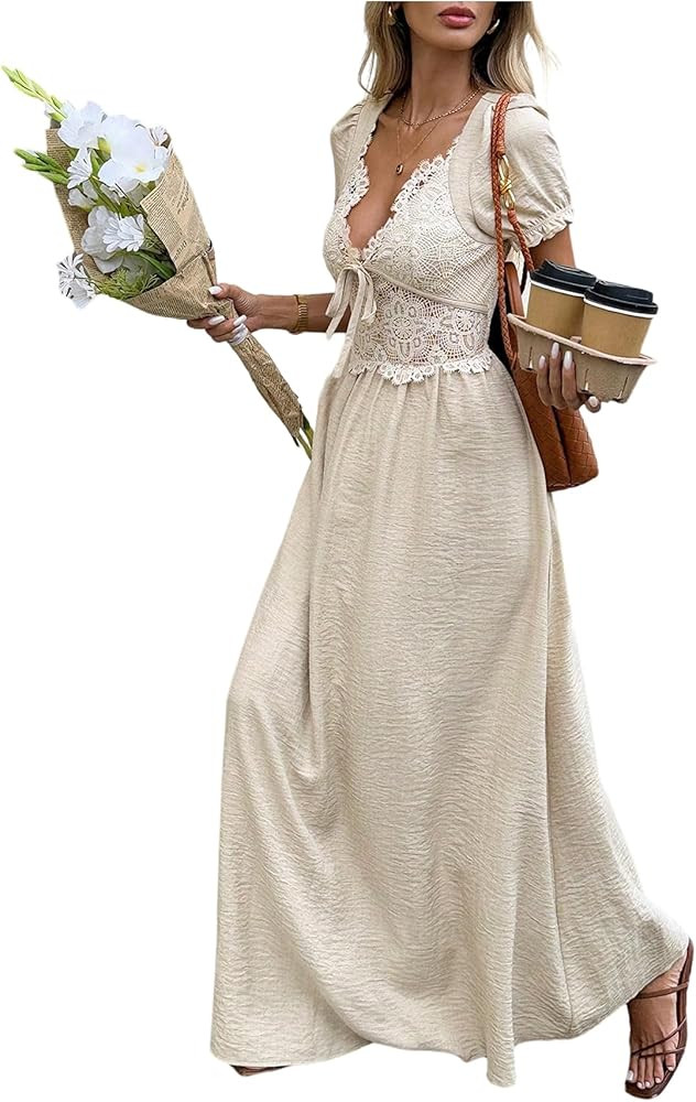 SHENHE Women's Lace Deep V Neck Puff Short Sleeve Tie Bow Backless A Line Flowy Maxi Dress | Amazon (US)