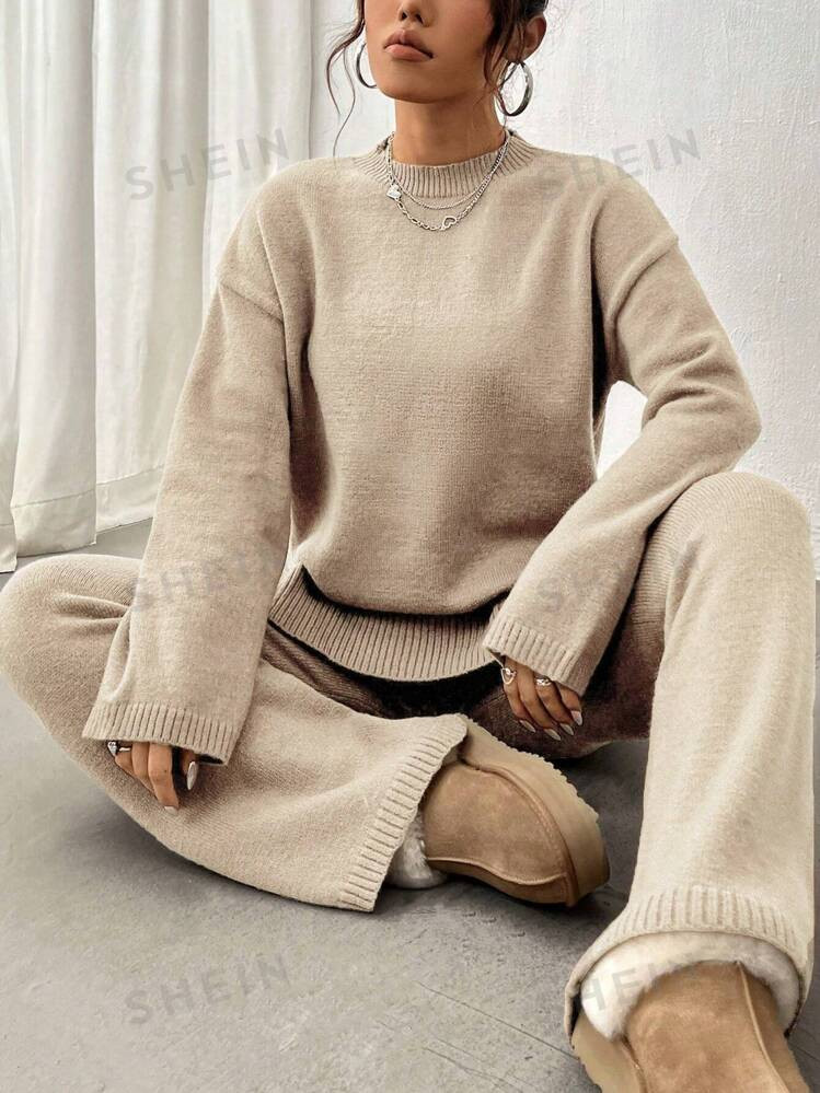 SHEIN MOOSTA Solid Color Drop Shoulder Sweater And Knitted Pants Two Piece Set | SHEIN