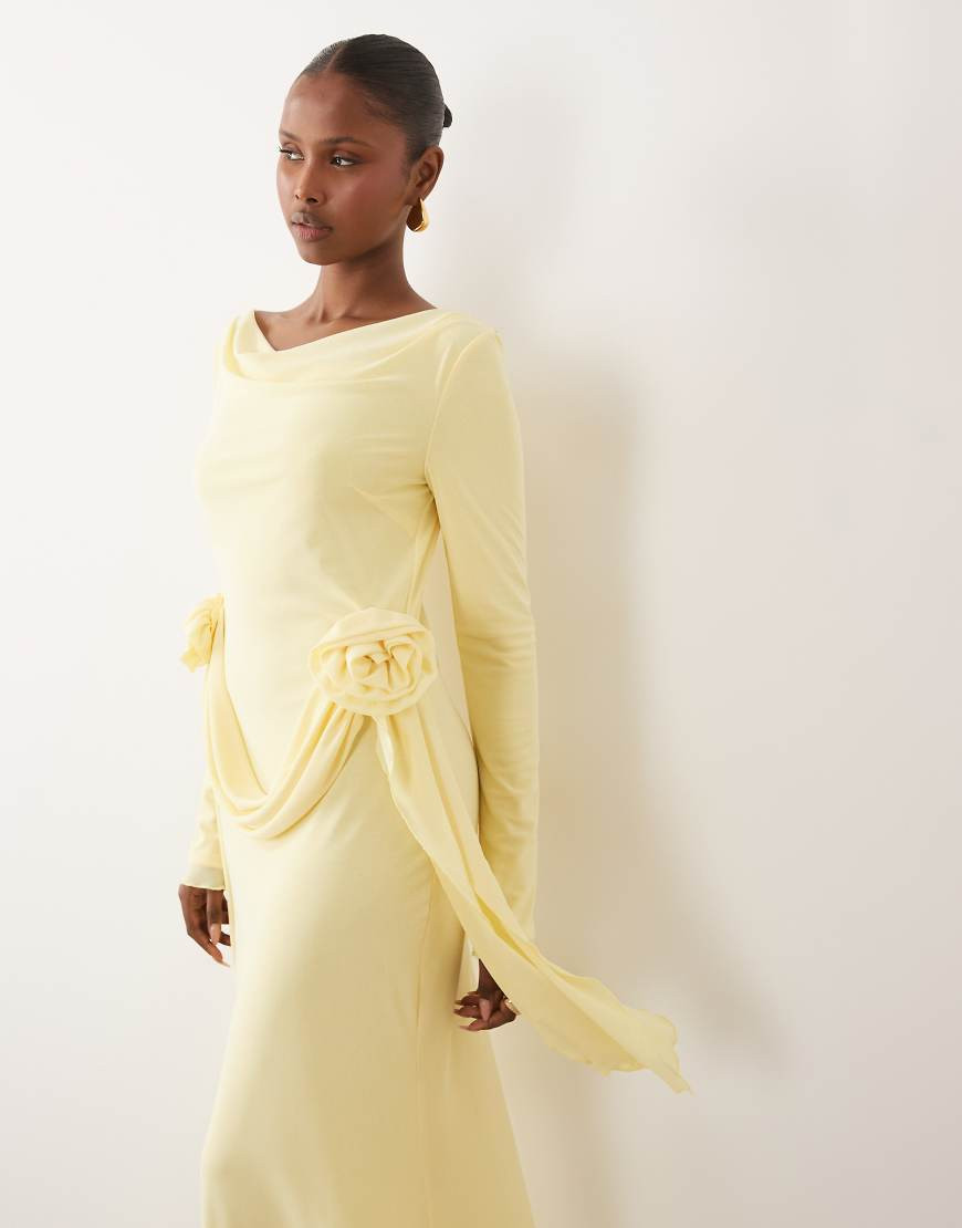 Daska mesh slash cowl neck corsage drape detail maxi dress in lemon-Yellow | ASOS (Global)