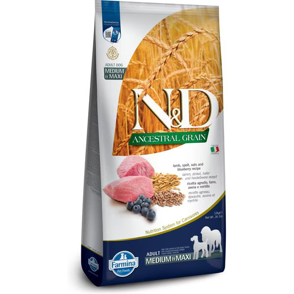 Farmina N&D Ancestral Grain Lamb & Blueberry Medium & Maxi Adult Dry Dog Food, 26.4-lb bag | Chewy.com