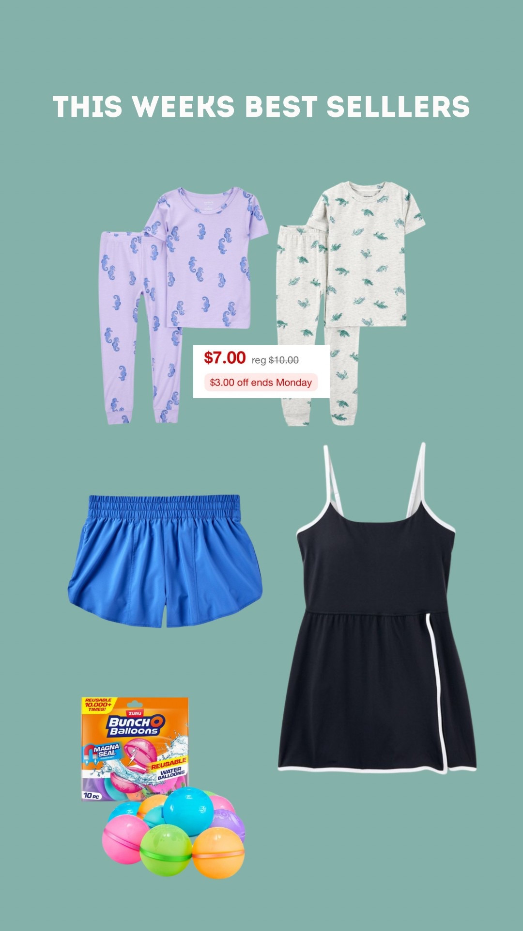 Y’all absolutely loved these light, soft, and cozy kids pajamas from target this week. They are only $7 until Monday!! 🌊🐙🐬🐚

The athletic shorts and reusable water balloons were a big hit too. I haven’t shared this black athletic dress yet but it’s from my same order and I’ve enjoyed it  

#LTKSummerEdit #LTKKids #LTKFamily