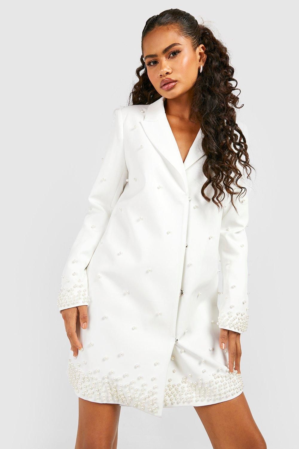Womens Pearl Detail Blazer Dress - White - 10 | Boohoo.com (US & CA)