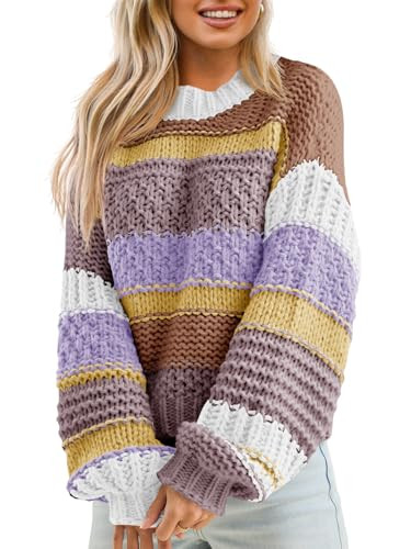 Saodimallsu Womens Color Block Sweater Striped Chunky Knit Cropped Sweaters | Amazon (US)
