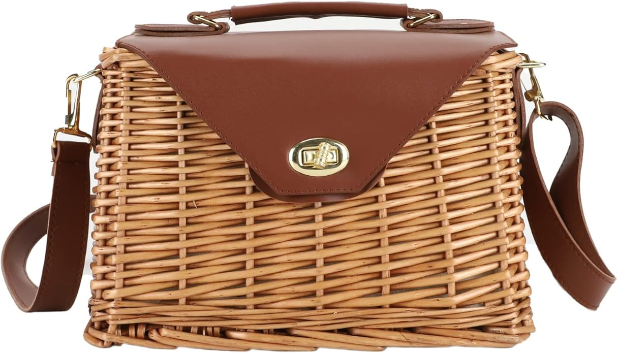 Wicker Handbag Straw Purse for Women, Hand Woven Rattan Bag with Leather Strap, Summer Beach Bag ... | Amazon (US)