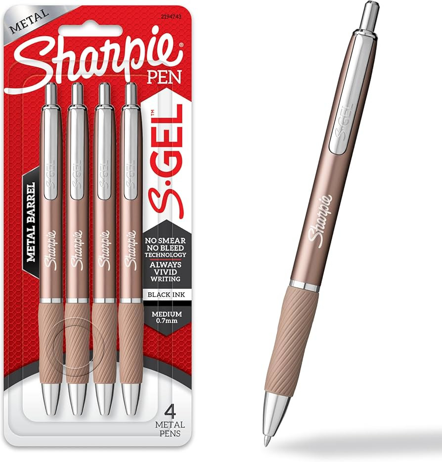 Sharpie S-Gel Gel Pens Sleek Metal Barrel Champagne Medium Point (0.7mm) Black Ink 4 Count | Amazon (US)