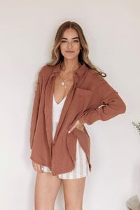 Let Me Adore You Brown Button Front Gauze Blouse | Pink Lily