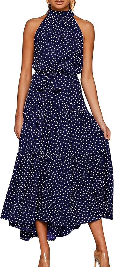 YMING Women's Summer Halter Neck Maxi Sun Dress Sleeveless Flowy Ruffle Hem Dress Long Dresses wi... | Amazon (US)