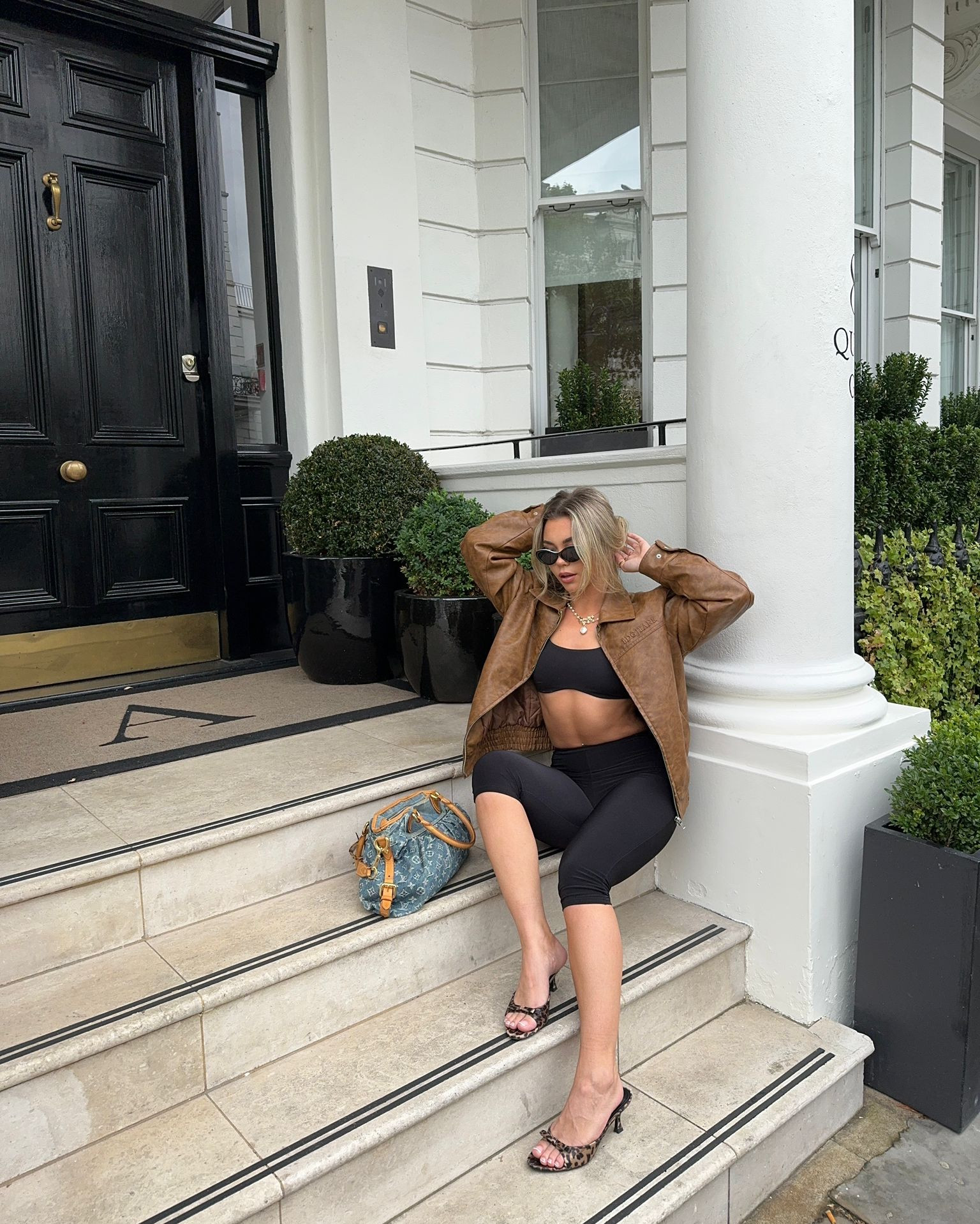 Autumn outfit, casual outfit, asos capri trousers, gymshark sports bra, brown leather bomber jacket, leopard print heels, pretty little thing, transitional outfit 

#LTKautumn #LTKuk #LTKstyletip