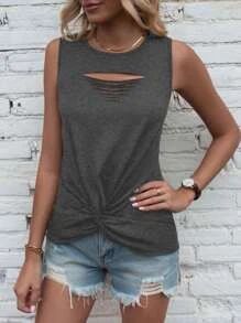 Cut Out Twist Hem Ripped Tank Top SKU: sw2302223009011990(100+ Reviews)$7.99$7.59Join for an Excl... | SHEIN