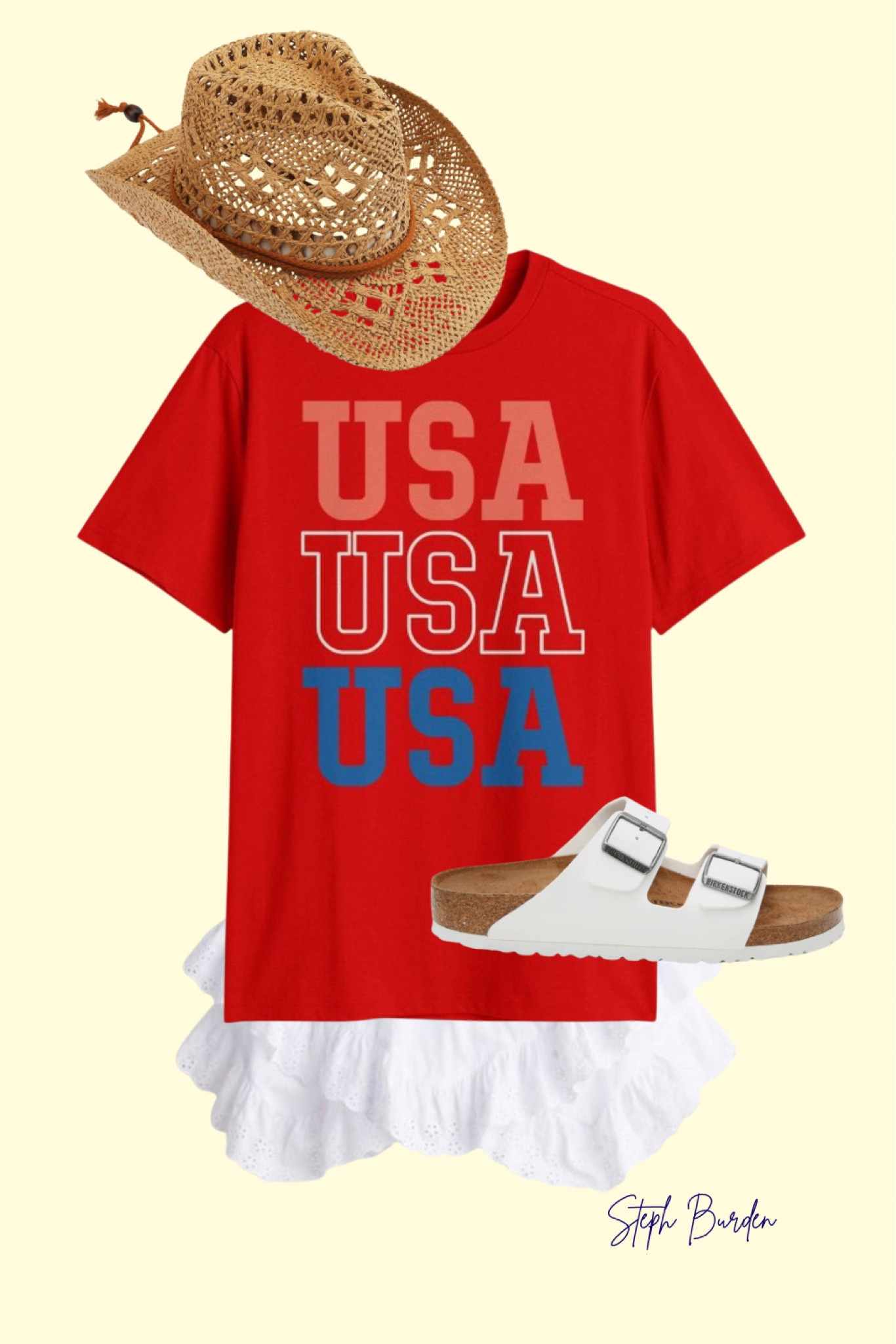 Layer a slip or ruffle skirt under an oversized tshirt to elevate your look!!! 

July 4th outfit. Casual outfit. Casual wear. Target tshirt. Oversized tshirt. H&M skirt. Layering skirt. White skirt. Summer fashion. Holiday outfit. Cowgirl hat. Cowboy hat. Amazon cowboy hat. Summer amazon fashion find. White Birkenstocks. White sandals. 

#LTKParties #LTKStyleTip #LTKSeasonal