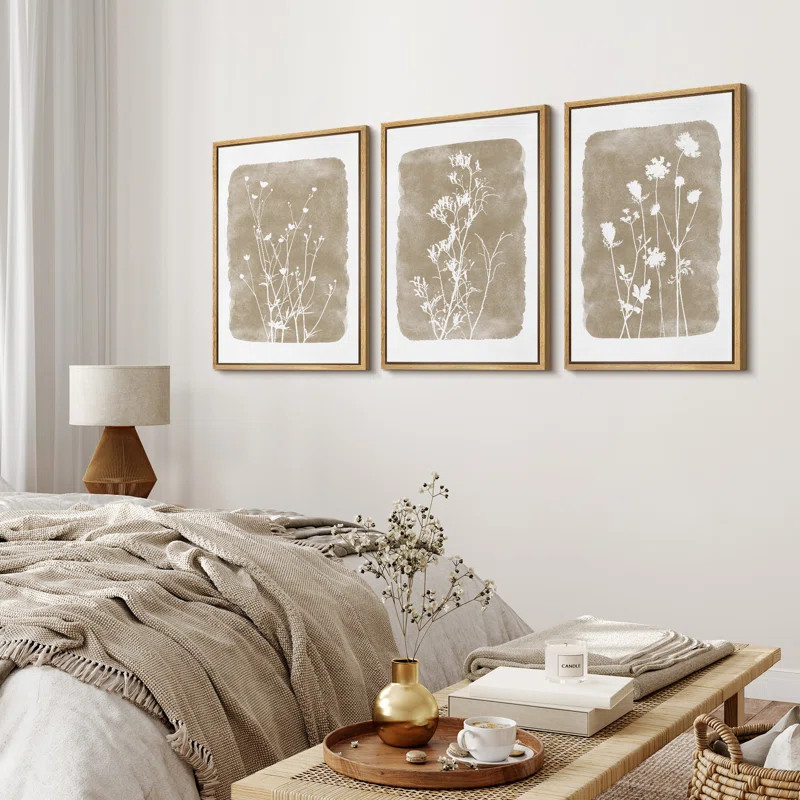 IDEA4WALL Simple Rustic Botanical Floral Vintage Wildflower Pictures Framed On Canvas 3 Pieces Pr... | Wayfair North America