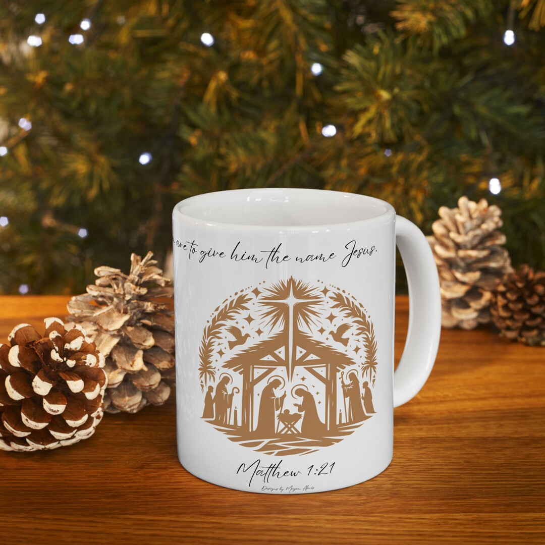 Christian Nativity Scene Christmas Mug Ceramic Coffee Cup With Matthew 1:21 Scripture Faith-based... | Etsy (US)